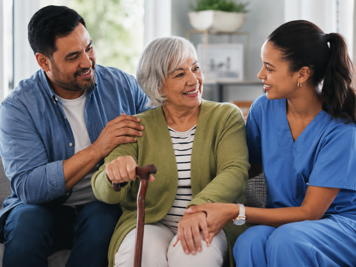 Compassionate support moment between caregiver, client, and family